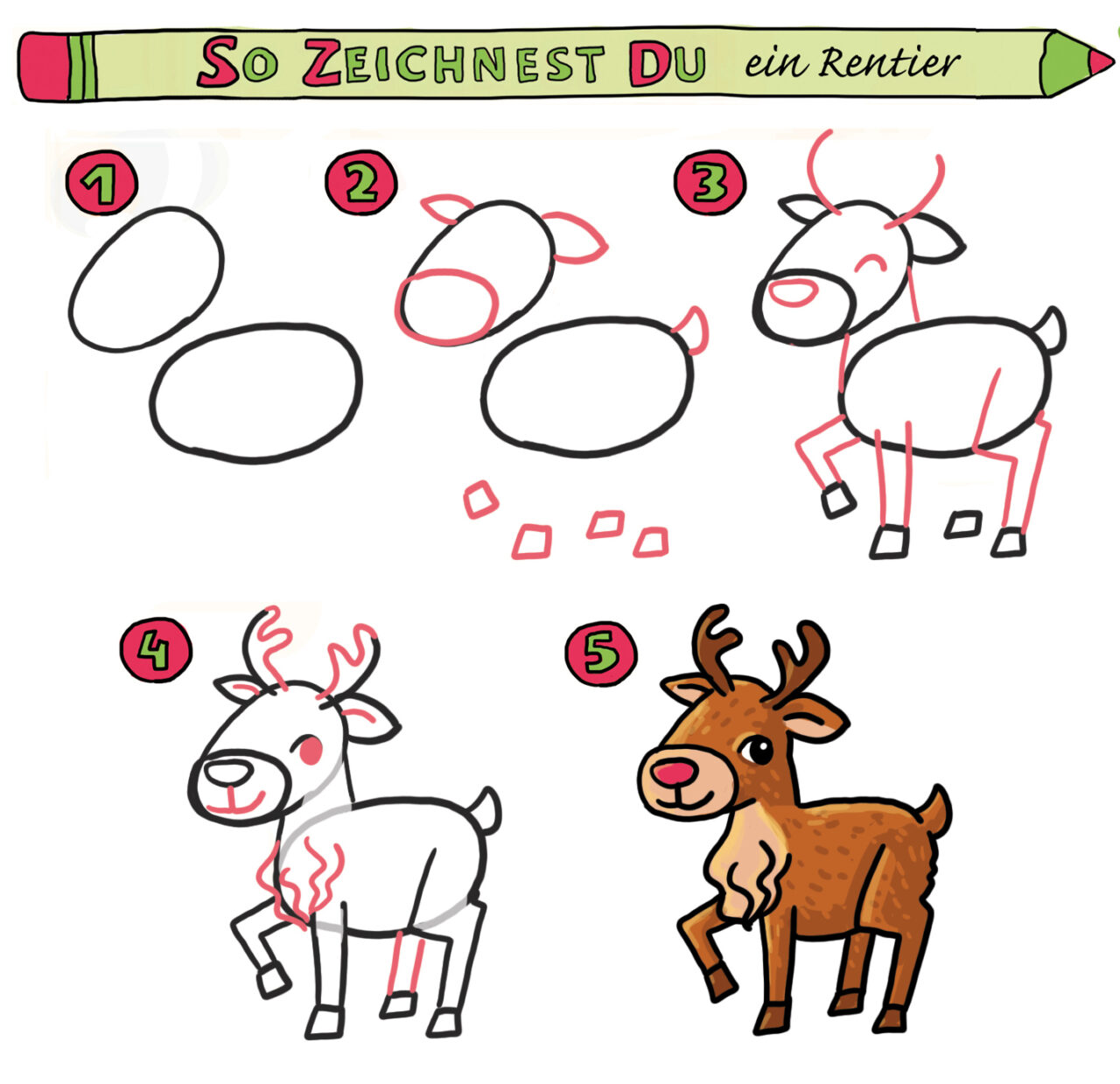 So zeichnest du ein Rentier (einfach) – Malen zu Weihnachten - So