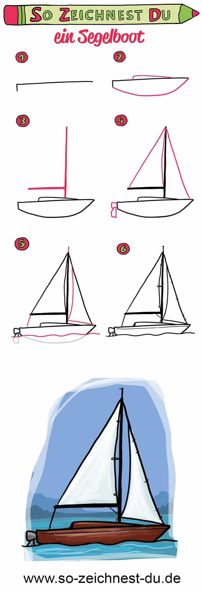 So zeichnest du ein Segelboot Zeichenschule Meer Schiff